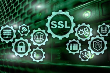 SSL Güvenli Soketler Katmanı konsepti. Kriptografik protokoller güvenli iletişim sağlar. Sunucu odası arkaplanı.