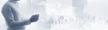 Geleceğin Finansal Teknoloji Arayüzü. Grafik Borsası Çizelgesi. Sanal ekranda dünya haritası. Web Sitesi Afişi.