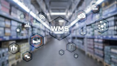 Bulanık depo arkaplanındaki WMS yazıları. Werehouse Yönetim Sistemi.