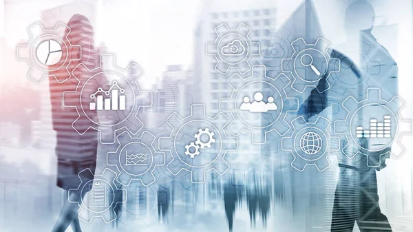 Diagramme abstrait des processus d'affaires avec des engrenages et des icônes. Concept de technologie de flux de travail et d'automatisation. — Photo