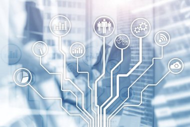 Soyut arka planda iş simgeleri. Finansal internet teknolojisi kavramı.