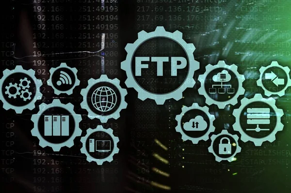 FTP. Protocol voor bestandsoverdracht. Netwerk Gegevens overbrengen naar server op supercomputer achtergrond. — Stockfoto