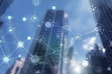 Akıllı Şehir ve Kablosuz İletişim Ağı. Ofis binası olan iş bölgesi. IOT modern teknoloji kavramı.