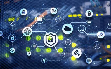 Veri güvenliği kavramı. Simgeler: Kapatılmış Asma Kilit, Wifi Ve dijital arkaplanda bulut.