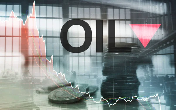石油价格下降。石油桶和一个关于抽象商业背景的财务图表.把箭放下.石油趋势下降. — 图库照片