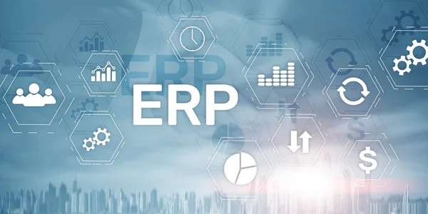 Enterprise Resource Planning ERP: 미디어 백 그라운드를 혼합 한 기업 자원 계획. 기업의 인터넷 기술 개념. — 스톡 사진