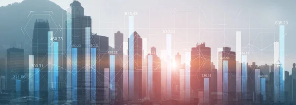 Financiële grafiek diagram handel investering business intelligence concept website panoramische header dubbele belichting moderne stad uitzicht. — Stockfoto