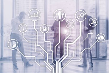 Soyut arka planda iş simgeleri. Finansal internet teknolojisi kavramı.