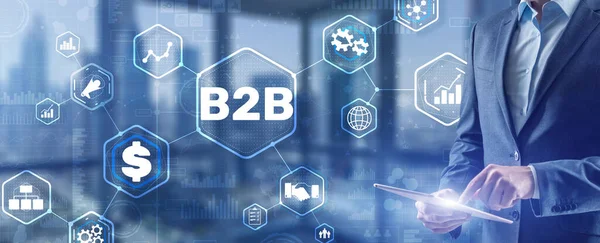 Obchody mezi podniky B2B. Obchodní model na virtuální obrazovce. — Stock fotografie