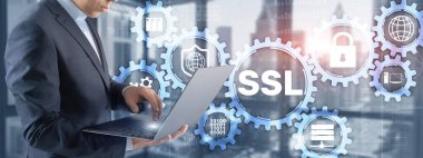 SSL İşadamı sanal ekran güvenlik prizi katmanı kavramına basıyor. Kriptografik protokoller güvenli iletişim sağlar.