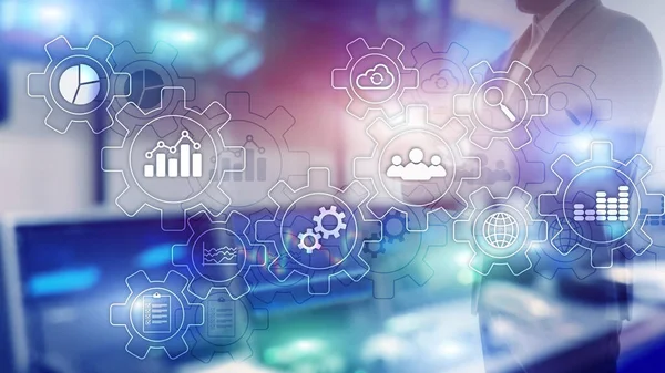 Abstraktní diagram obchodního procesu s ozubenými koly a ikonami. Koncept technologie workflow a automatizace. — Stock fotografie