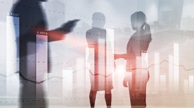 Siluetlerin ve şehrin arkaplanının şeması. İş mumu çizelgesi. Grafik eğilimi.