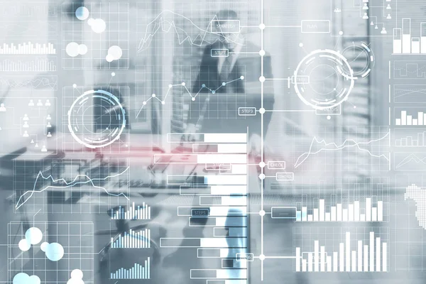 Современные бизнес-технологии. Бизнес-аналитика BI на виртуальном экране. — стоковое фото