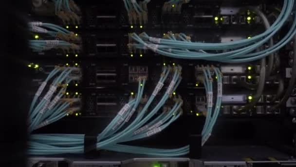 Cables del proveedor de red instalados en el rack en el centro de datos. Fibra óptica en la sala de servidores. — Vídeo de stock