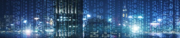 Matrix gemengde media achtergrond. Binary code virtuele stad skyline. — Stockfoto