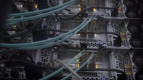 Sluit de glasvezel in de serverruimte. Onderaanzicht Netwerkkabels geïnstalleerd in het rek bij datacenter. — Stockvideo