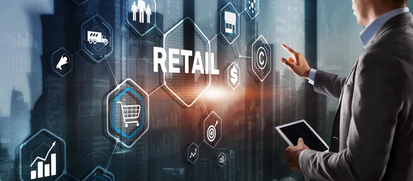 Retail concept marketing channels E-commerce Bevásárlóautomatizálás virtuális képernyőn. — Stock Fotó