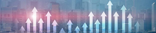 Financial growth concept. Up arrows on modern night city. Panoramic business background.