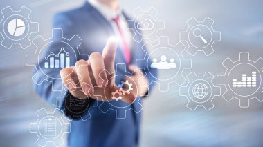 Vites ve simgelerle yapılan iş süreci soyut diyagramı. Çalışma akışı ve otomasyon teknolojisi kavramı.