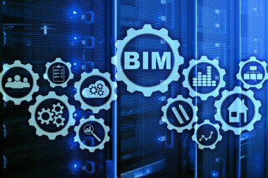 Bina Bilgileri Modelleme. Sanal ekranda sunucu veri merkezi arkaplanlı BIM.