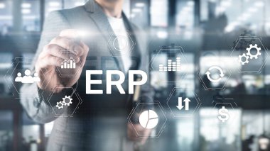 ERP sistemi, bulanık arka planda Atılgan kaynak planlaması. İş otomasyonu ve yenilik kavramı.