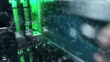 Sistemin sabit diski bir düğmeye basıp çıkararak sistemden çıkarıyor. 3D animasyon. Fütürist Çizgi ve Nokta Dijital Teknoloji Konsepti.