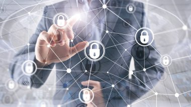 Siber güvenlik, bilgi gizliliği, modern sunucu odası arka planında veri koruma kavramı. İnternet ve dijital teknoloji kavramı.