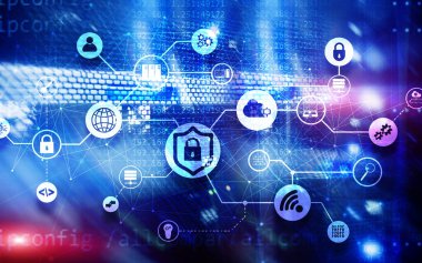 Veri güvenliği kavramı. Simgeler: Kapatılmış Asma Kilit, Wifi Ve dijital arkaplanda bulut