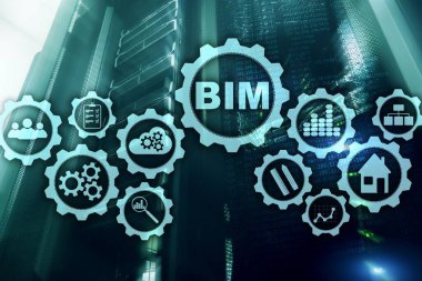 Bina Bilgileri Modelleme. Sanal ekranda sunucu veri merkezi arkaplanlı BIM.