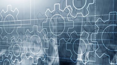 Soyut arkaplanda 3D Gears mekanizması, dijital dönüşüm.