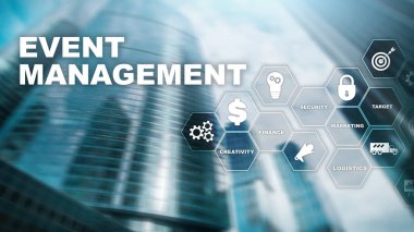 Olay Yönetimi Konsepti. Etkinlik yönetim akış şeması. Etkinlik yönetimi ile ilgili öğeler. Karışık medya işi.