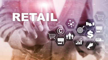 Perakende Teknoloji İletişim Alışveriş Sanal Ekran Kavramı. Pazarlama veri yönetimi. Futuristic Online alışveriş. Soyut Arkaplan.