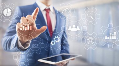 Vites ve simgelerle yapılan iş süreci soyut diyagramı. Çalışma akışı ve otomasyon teknolojisi kavramı.