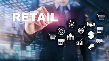 Perakende Teknoloji İletişim Alışveriş Sanal Ekran Kavramı. Pazarlama veri yönetimi. Futuristic Online alışveriş. Soyut Arkaplan.