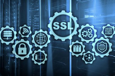 SSL Güvenli Soketler Katmanı konsepti. Kriptografik protokoller güvenli iletişim sağlar. Sunucu odası arkaplanı.