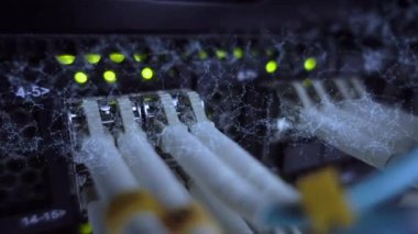 3D animasyon. Fütürist Çizgi ve Nokta Dijital Teknoloji Konsepti. Optik Sunucu Rafı.