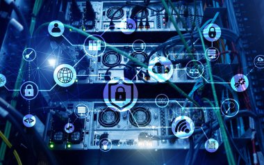 Veri güvenliği kavramı. Simgeler: Kapatılmış Asma Kilit, Wifi Ve dijital arkaplanda bulut