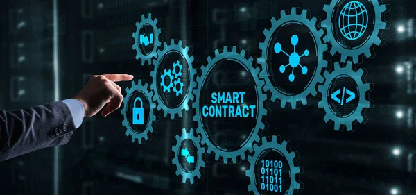 Smart contract. Modern Business technology. Businessman presses virtual button smart contract text on a touchscreen