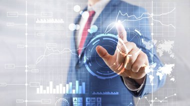 İş zekası BI Anahtar performans göstergesi KPI Analiz paneli şeffaf bulanık arkaplan.