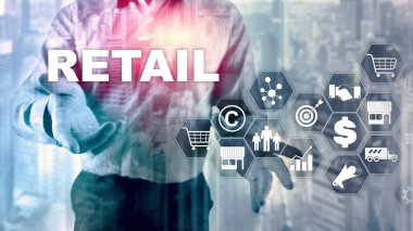 Perakende Teknoloji İletişim Alışveriş Sanal Ekran Kavramı. Pazarlama veri yönetimi. Futuristic Online alışveriş. Soyut Arkaplan.