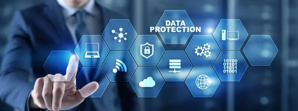 Data protection concept. Businessman pointing on virtual screen with text and icons 3D — Stock Photo, Image