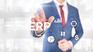 ERP sistemi, bulanık arka planda Atılgan kaynak planlaması. İş otomasyonu ve yenilik kavramı.