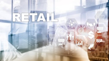 Perakende Teknoloji İletişim Alışveriş Sanal Ekran Kavramı. Pazarlama veri yönetimi. Futuristic Online alışveriş. Soyut Arkaplan.