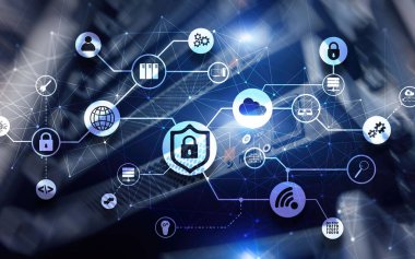 Veri güvenliği kavramı. Simgeler: Kapatılmış Asma Kilit, Wifi Ve dijital arkaplanda bulut