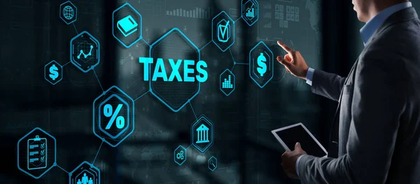 Pojęcie podatków płaconych przez osoby fizyczne i przedsiębiorstwa, takich jak podatek VAT, podatek dochodowy i podatek od nieruchomości. Kontekst Twojej działalności — Zdjęcie stockowe