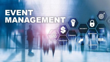 Olay Yönetimi Konsepti. Etkinlik yönetim akış şeması. Etkinlik yönetimi ile ilgili öğeler. Karışık medya işi.