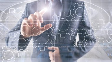 Gears mekanizması, dijital dönüşüm, veri entegrasyonu ve dijital teknoloji kavramı.