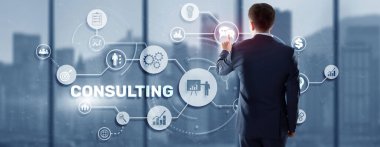 Danışmanlık konsepti. 3d simge danışmanlığına basan adam