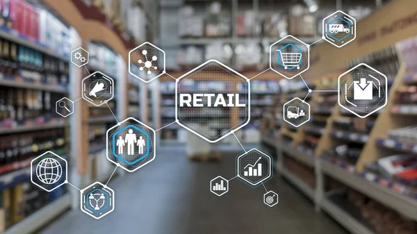 Canais de marketing de varejo E-commerce. Automação de compras em fundo supermercado borrado 2021 — Fotografia de Stock