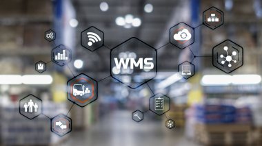 Bulanık depo arkaplanındaki WMS yazıları. Werehouse Yönetim Sistemi